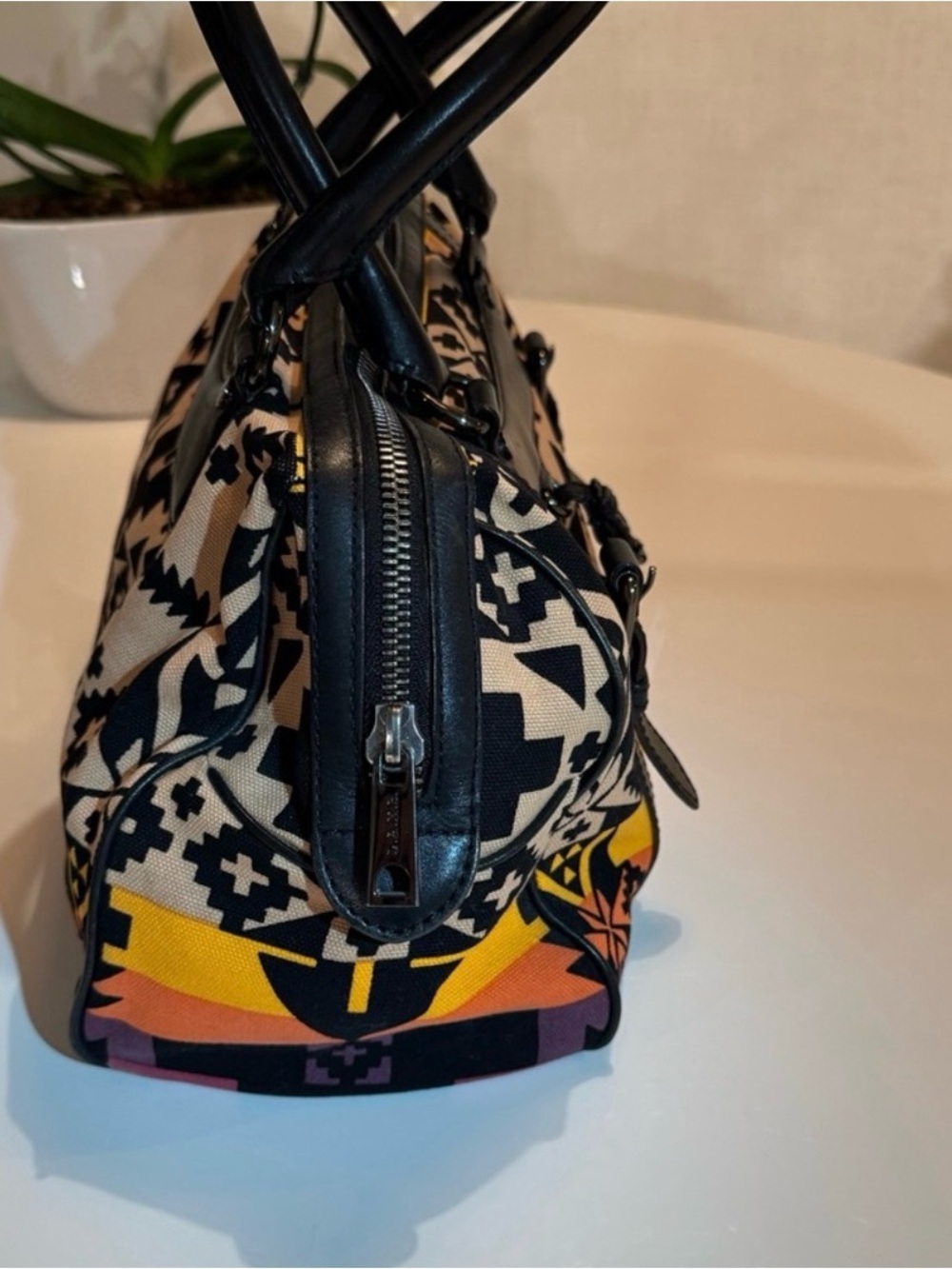 L.A.M.B. Multicolor Aztec Print Canvas & Leather Satchel w gunmetal hardware! - Picture 6 of 11